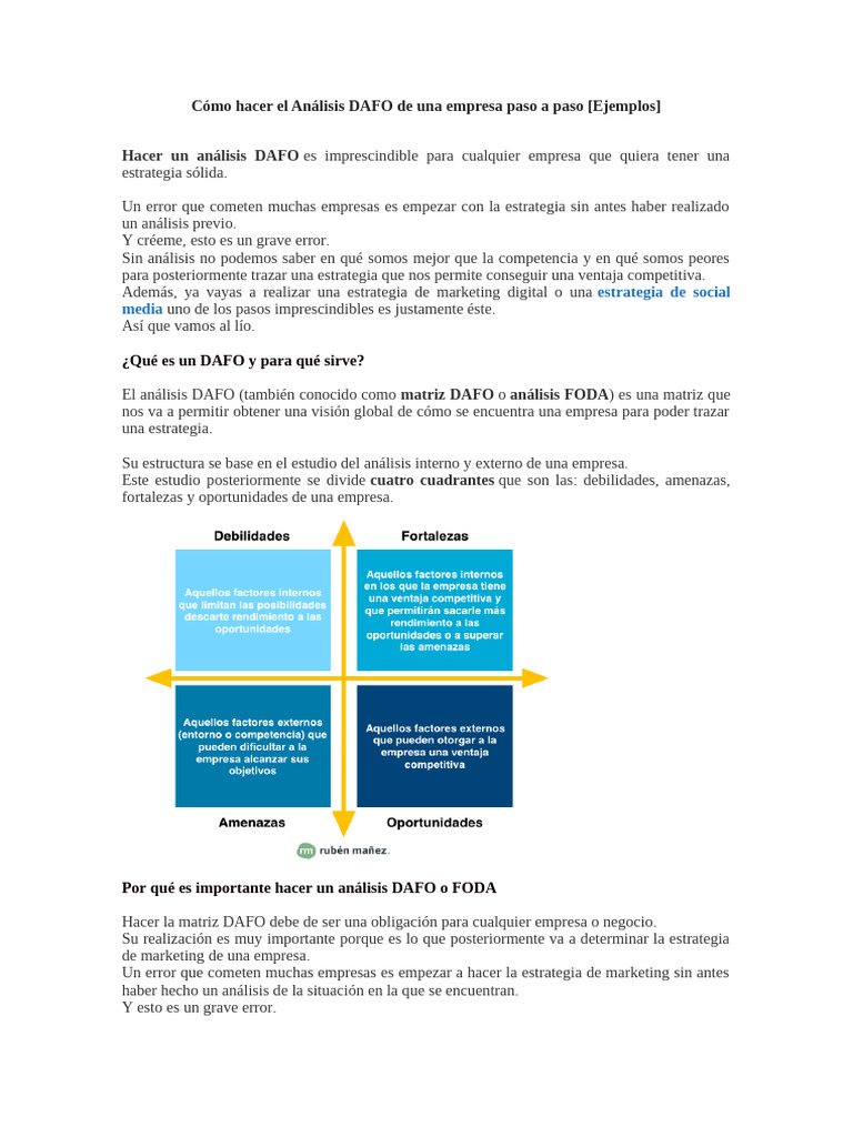 Cómo Hacer El Análisis DAFO de Una Empresa Paso A Paso | PDF | Análisis ...