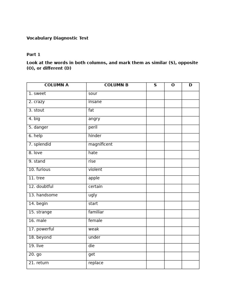Vocabulary Diagnostic | PDF