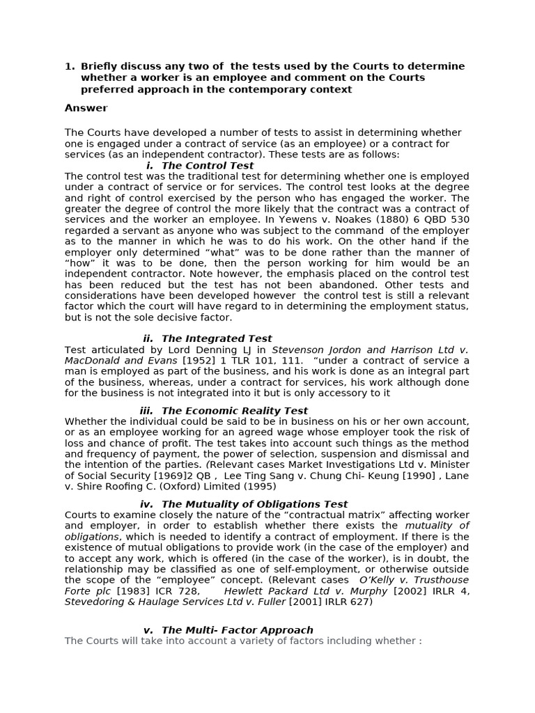 Short Answer Questions Employer V Independent Contractor | PDF