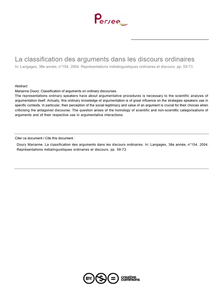 Classification des arguments ordinaires | PDF | Argumentation | Expérience