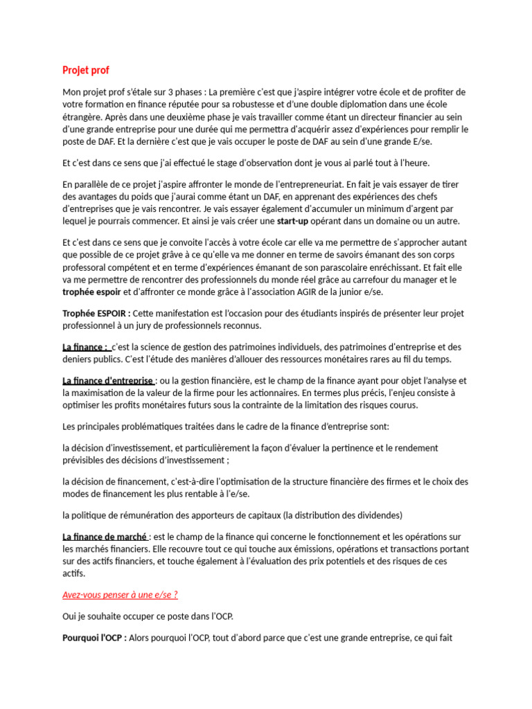 comment décrire mon projet professionnel