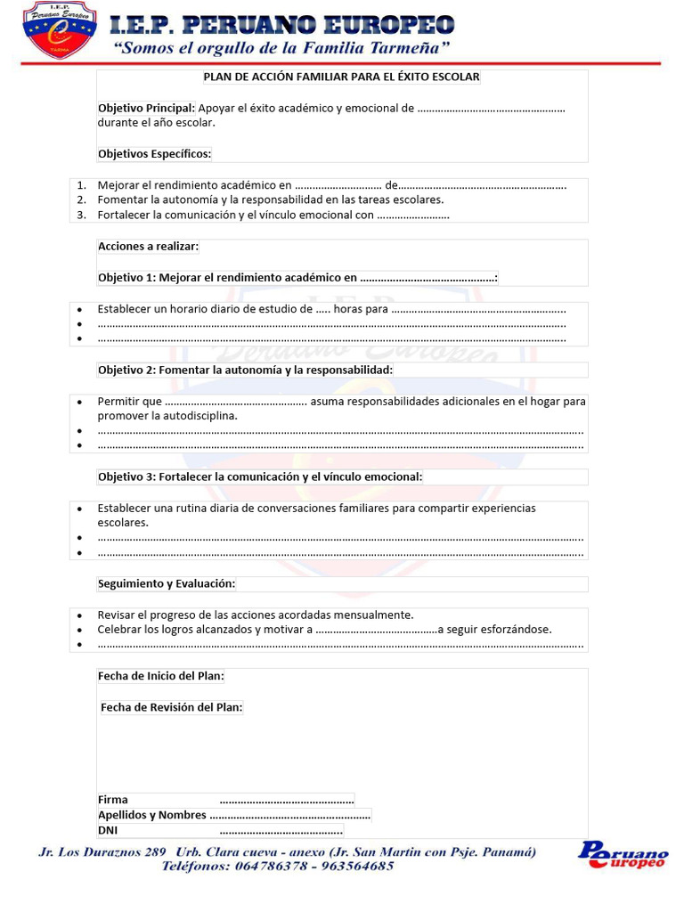 PLAN DE ACCIÓN FAMILIAR PARA EL ÉXITO ESCOLAR | PDF