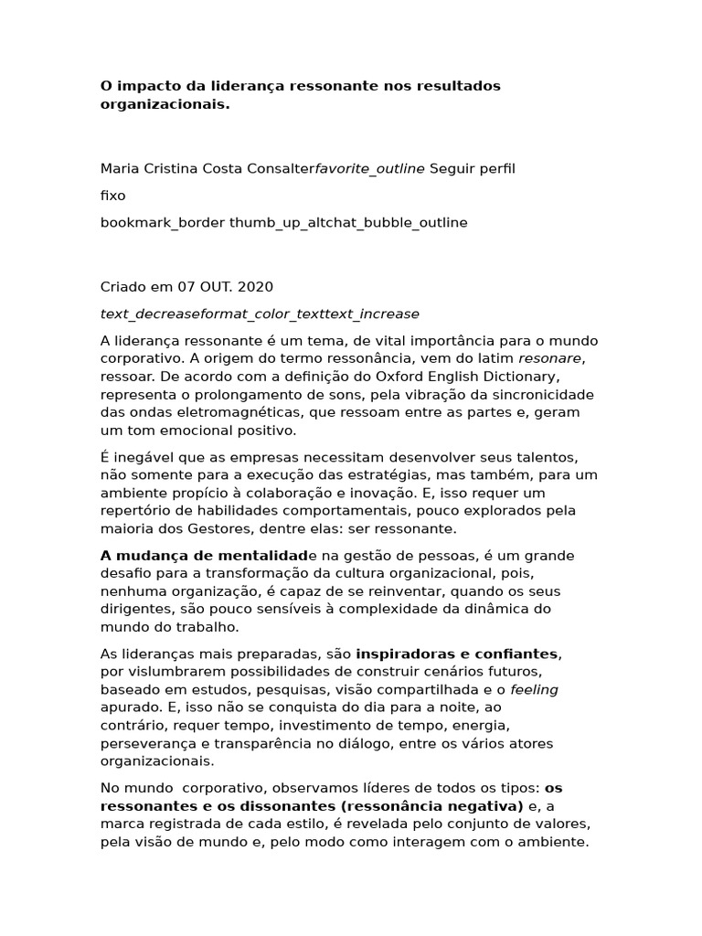 O Impacto Da Liderança Ressonante Nos Resultados Organizacionais | PDF