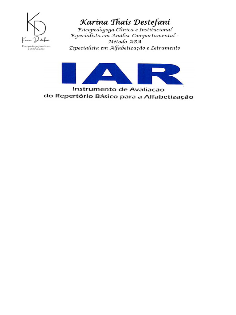 IAR - Instrumento de Avaliação de Repertório Básico para Alfabetização ...