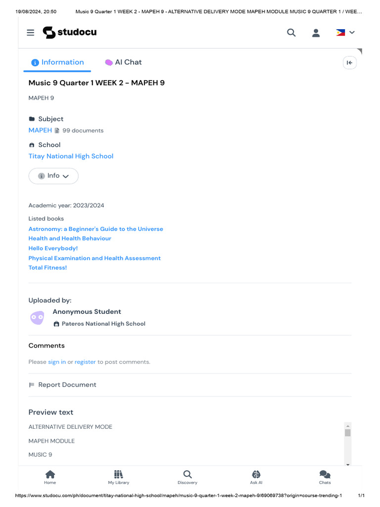 Music 9 Quarter 1 Week 2 Mapeh 9 Alternative Delivery Mode Mapeh