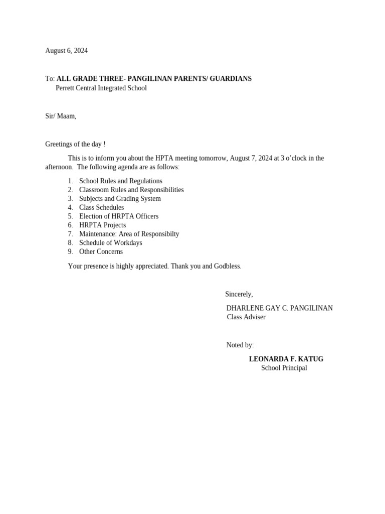 Parents Communication Letter | PDF