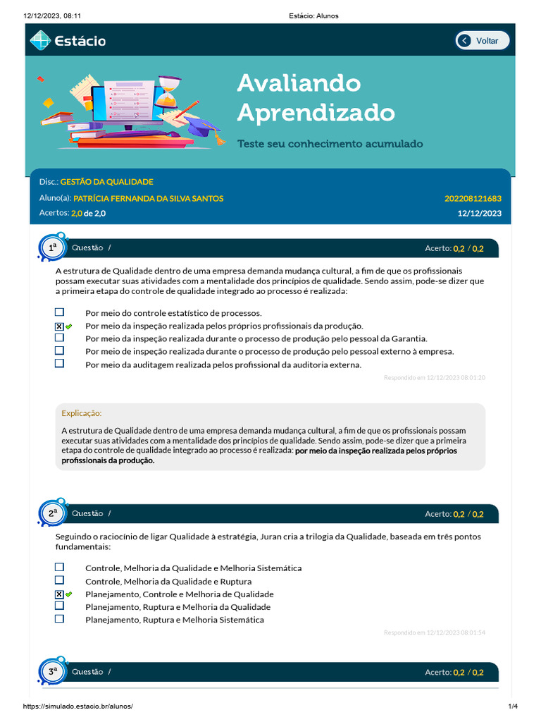 Avaliação do Aprendizado na Estácio | PDF | Qualidade (negócios) | ISO 9000