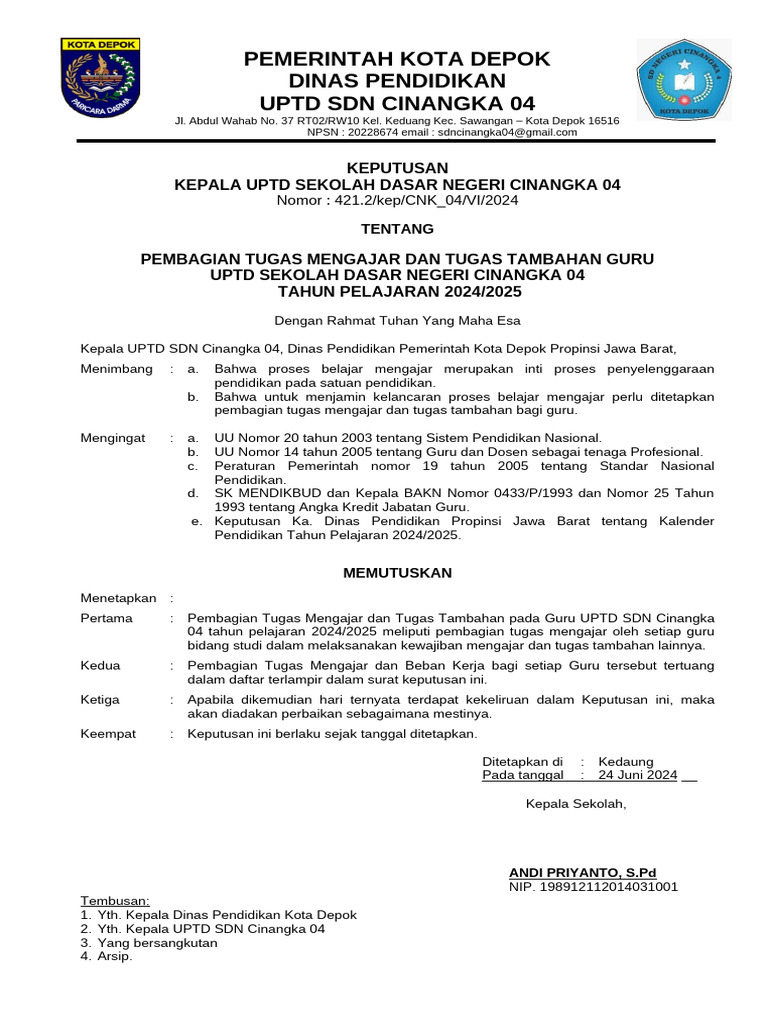 Contoh SK Pembagian Tugas Guru Format Terbaru 2015 + Jumlah Siswa Per