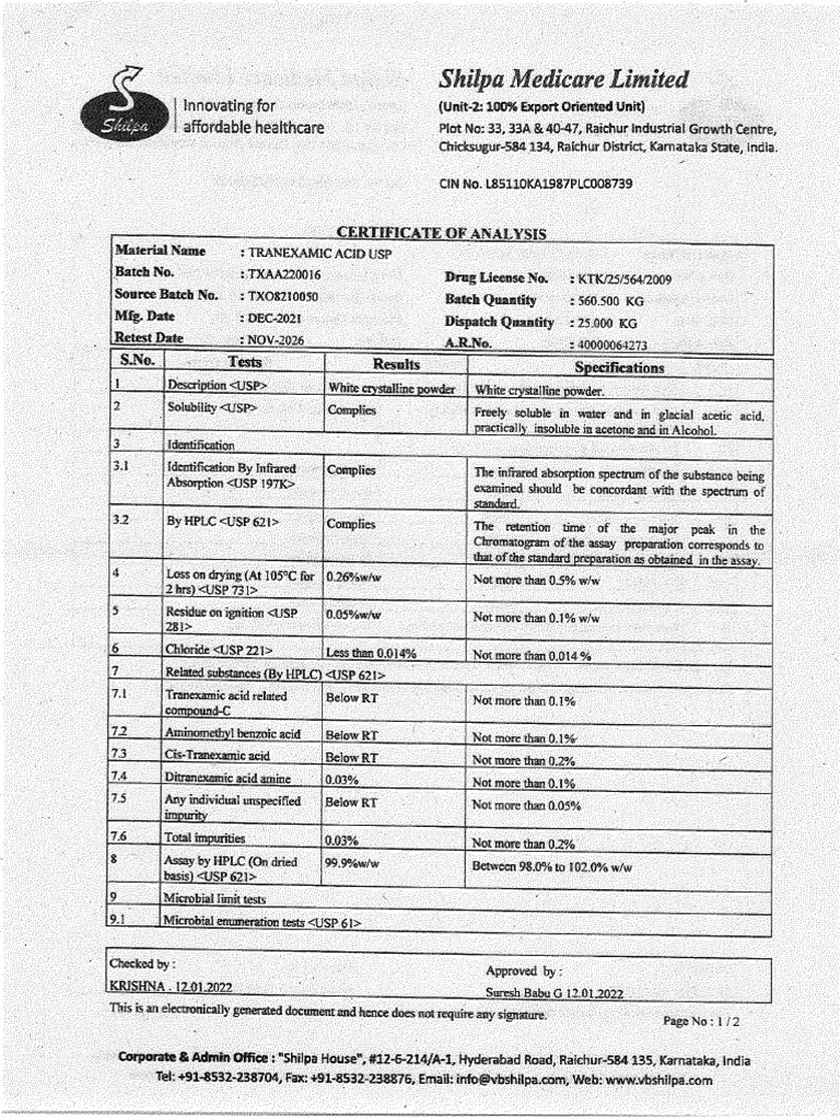 Acido Tranexamico Lote Txaa220016 - 24c15-Co06 | PDF