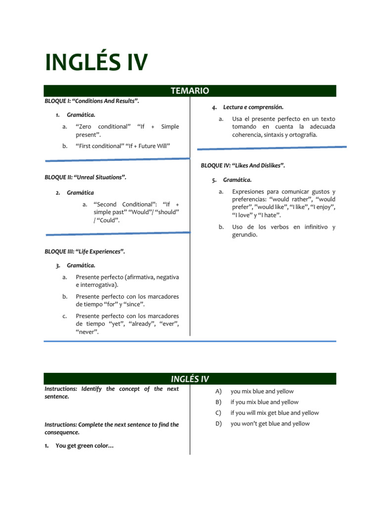 Guía de Estudio Examen Tercer Parcial - Inglés IV | PDF