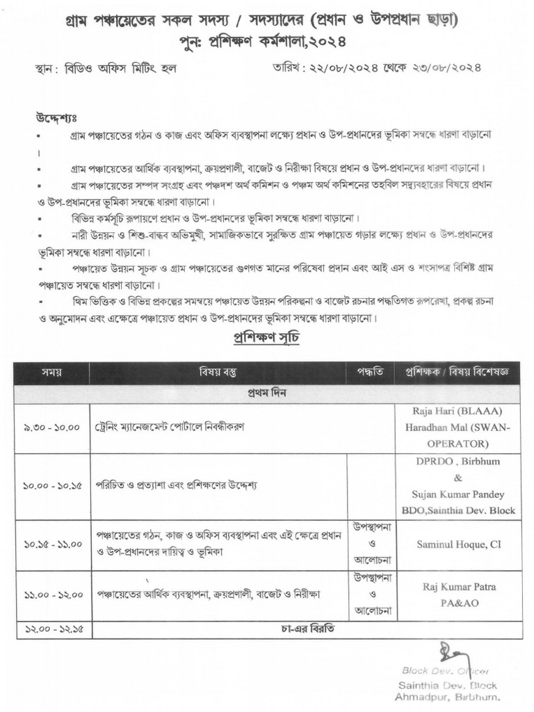Two days block level refresher training schedule pdf