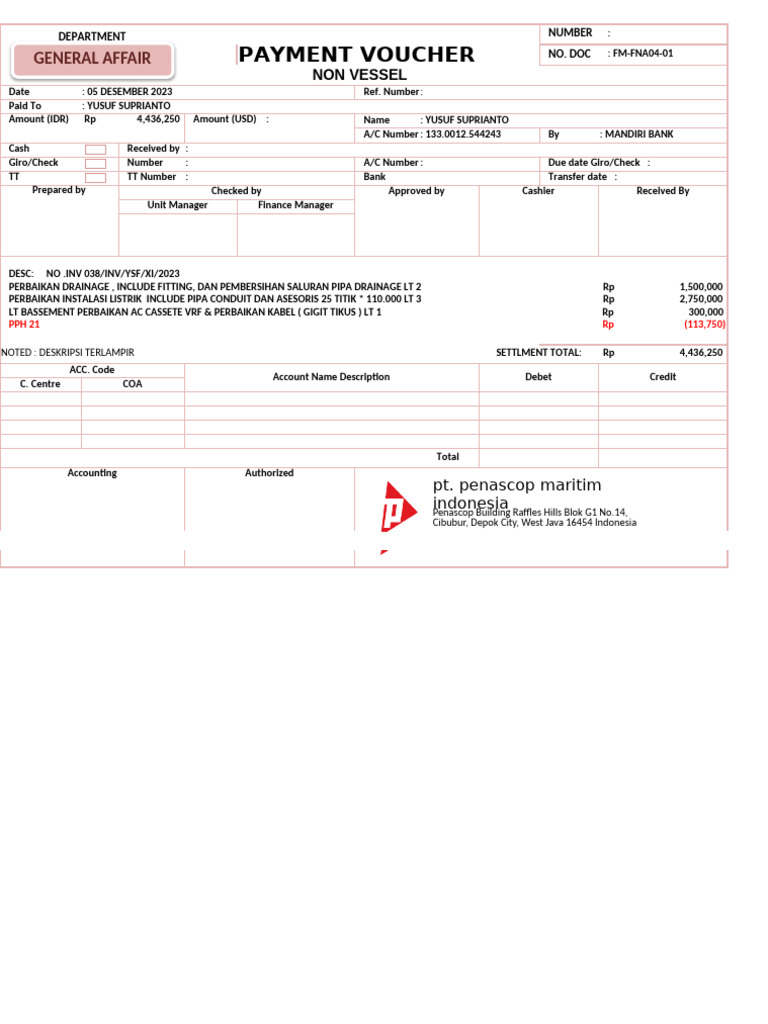 Payment Voucher: General Affair | PDF