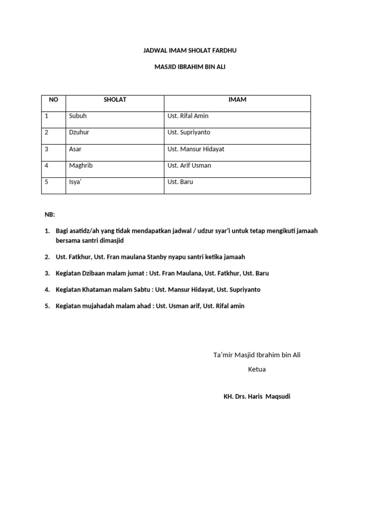 Jadwal Imam Sholat Fardhu Masjid Ibrahim Ali Pdf