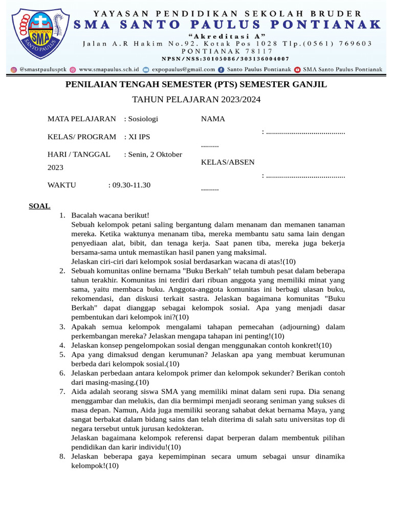 Format Soal PTS XI - SOSIOLOGI.1 | PDF