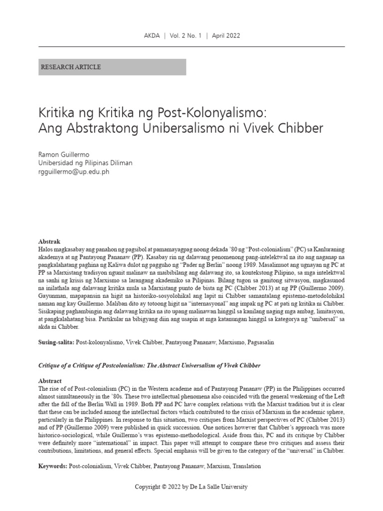 Ramon Guillermo Kritika NG Kritika Vivek Chibber | PDF