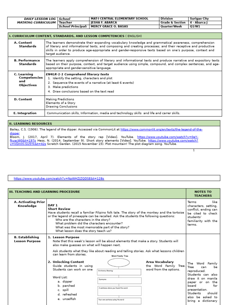 Q1 - LE - English 4 - Lesson 1 - Week 1 | PDF