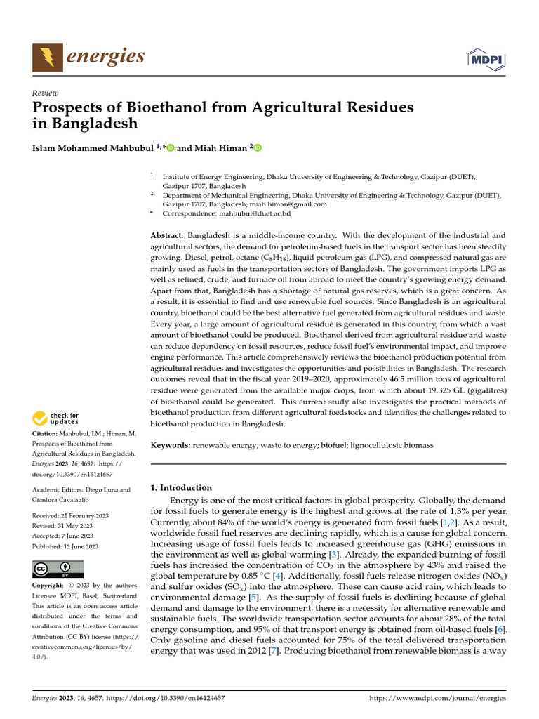 Prospects of Bioethanol From Agricultural Residues in Bangladesh | PDF ...