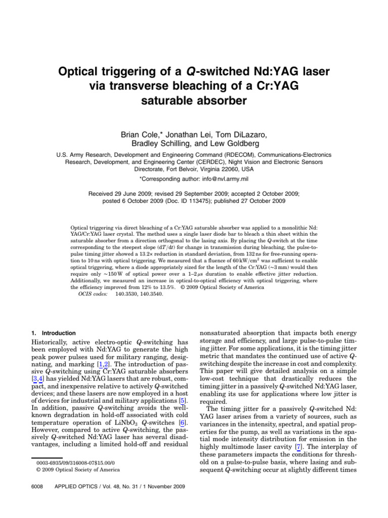 Optical Triggering of A Q-Switched NdYAG Laser Via Transverse Bleaching ...