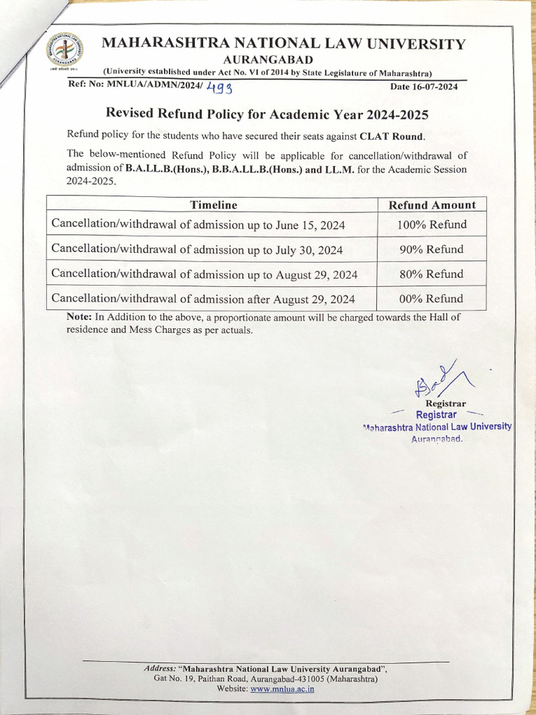 MNLUA Revised Refund Policy For CLAT 2024-25 | PDF