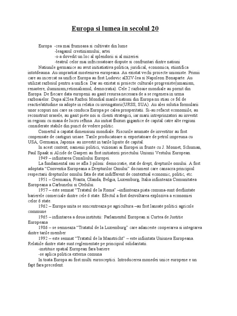 Europe Si Lumea In Secolul 20