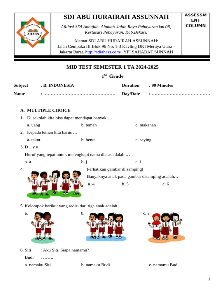Soal Mid Test 1 Kls 1 B Indonesia 2024 2025 Pdf