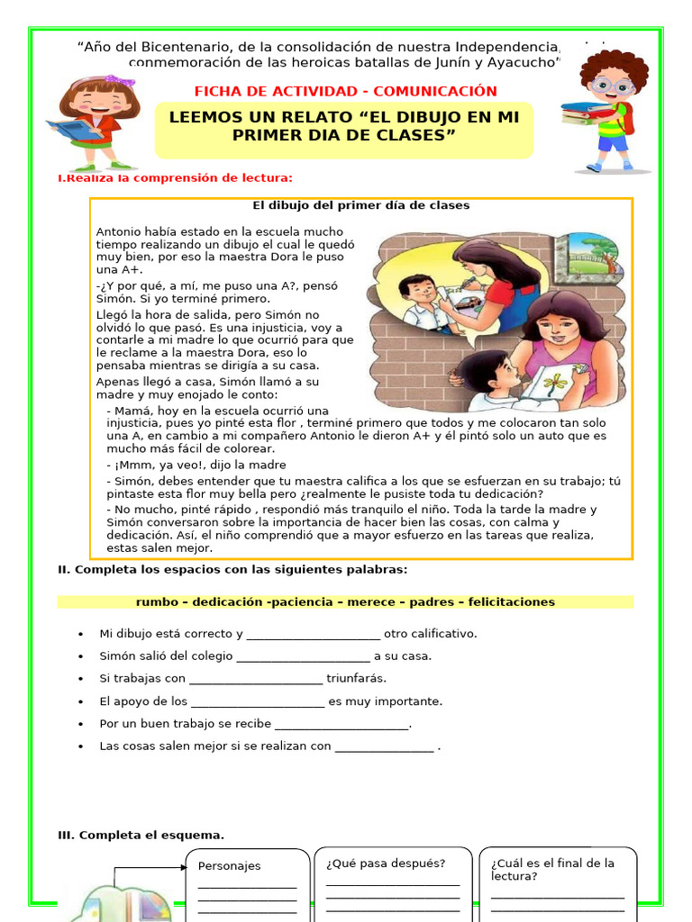 Ficha-Com - Leemos Un Relato "El Dibujo en Mi Primer Dia de Clases" | PDF
