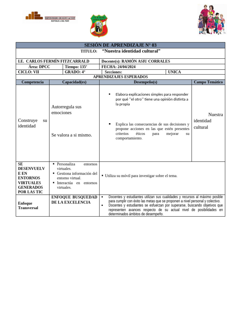 Sesion de Aprendizaje N 3 DPCC Nuestra Identidad Cultural | PDF