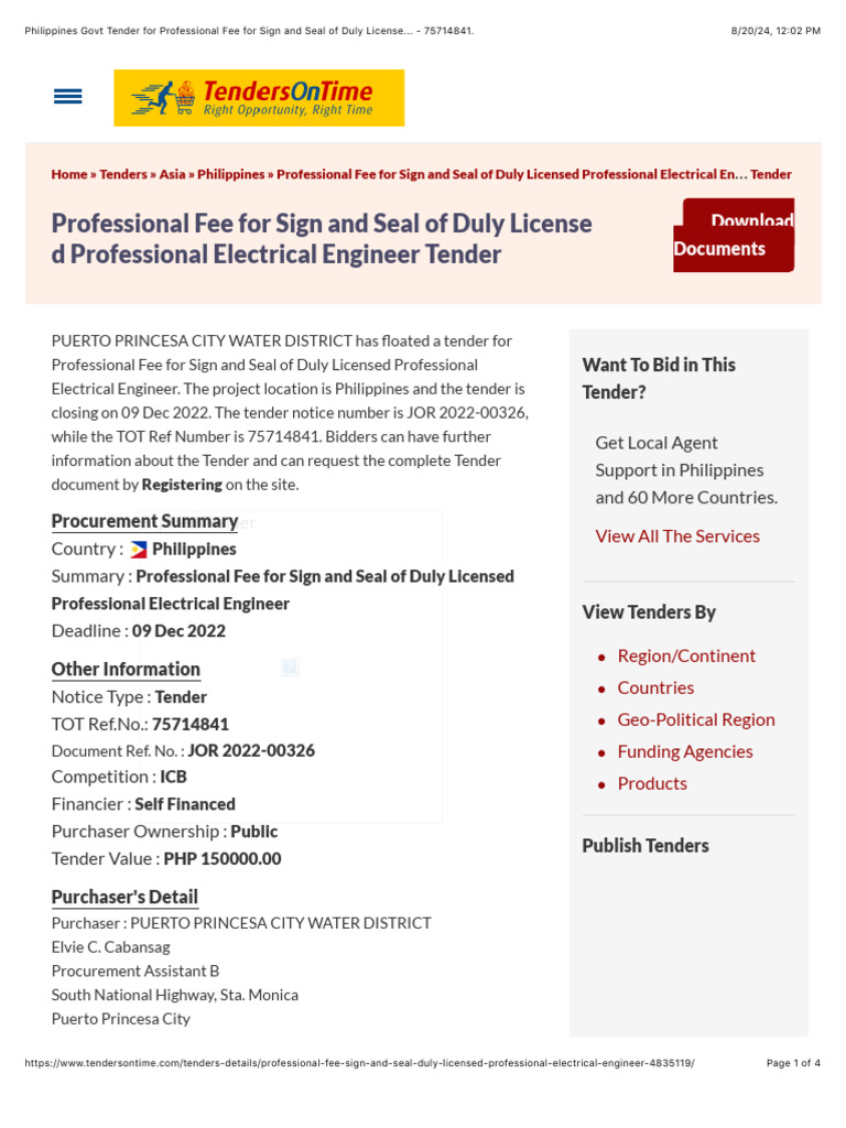 Philippines Govt Tender For Professional Fee For Sign and Seal of Duly ...