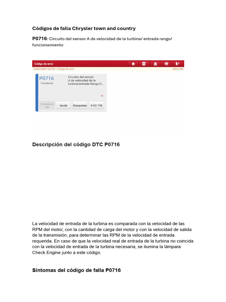Código DTC P0716 en Chrysler Town & Country | PDF | Sensor | Ingeniería ...