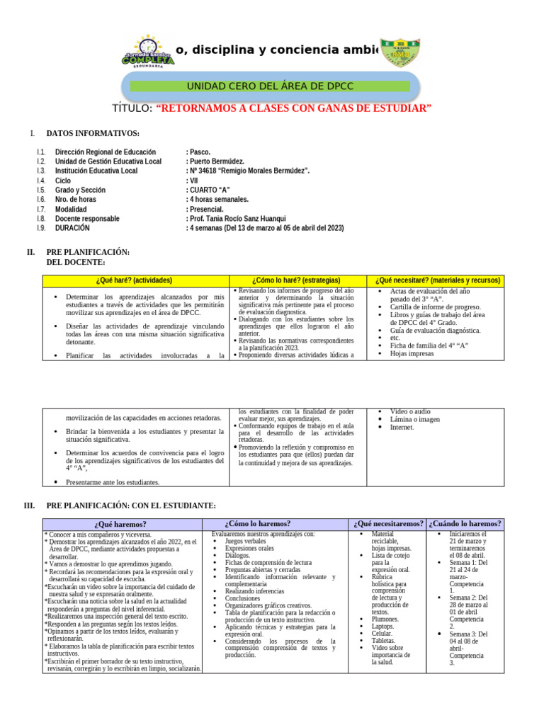 Plan de Clases 4° "A" 2023 | PDF | Evaluación | Crecimiento personal y ...