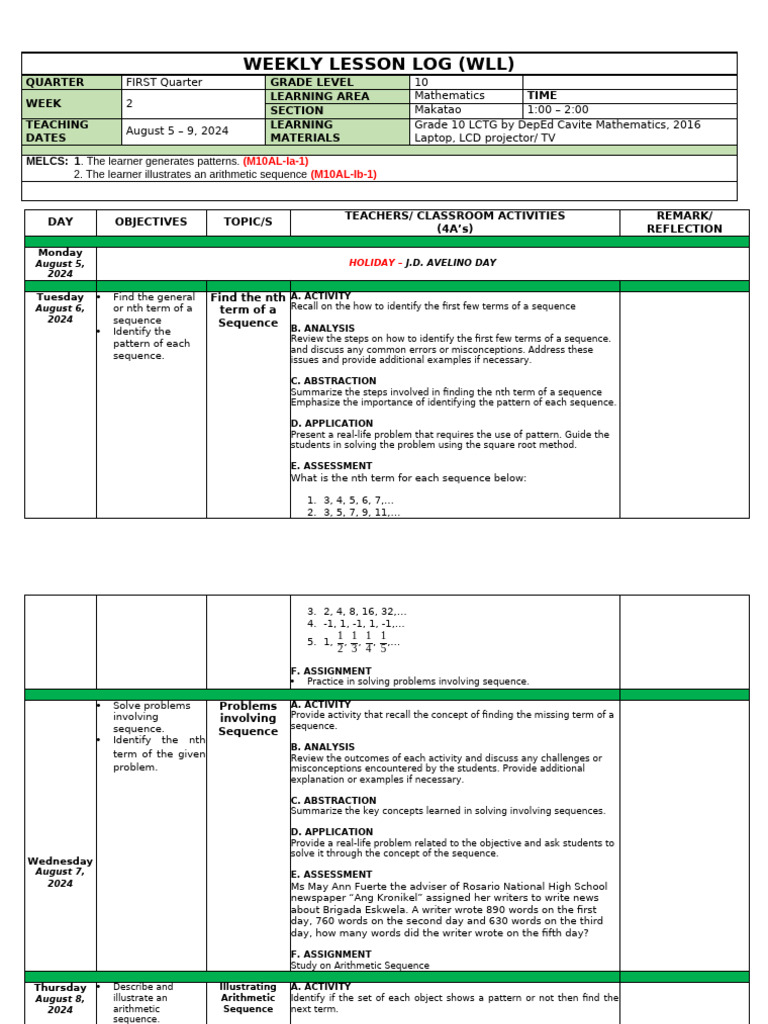 Grade 10 Math Weekly Lesson Plan | PDF | Concept | Pedagogy