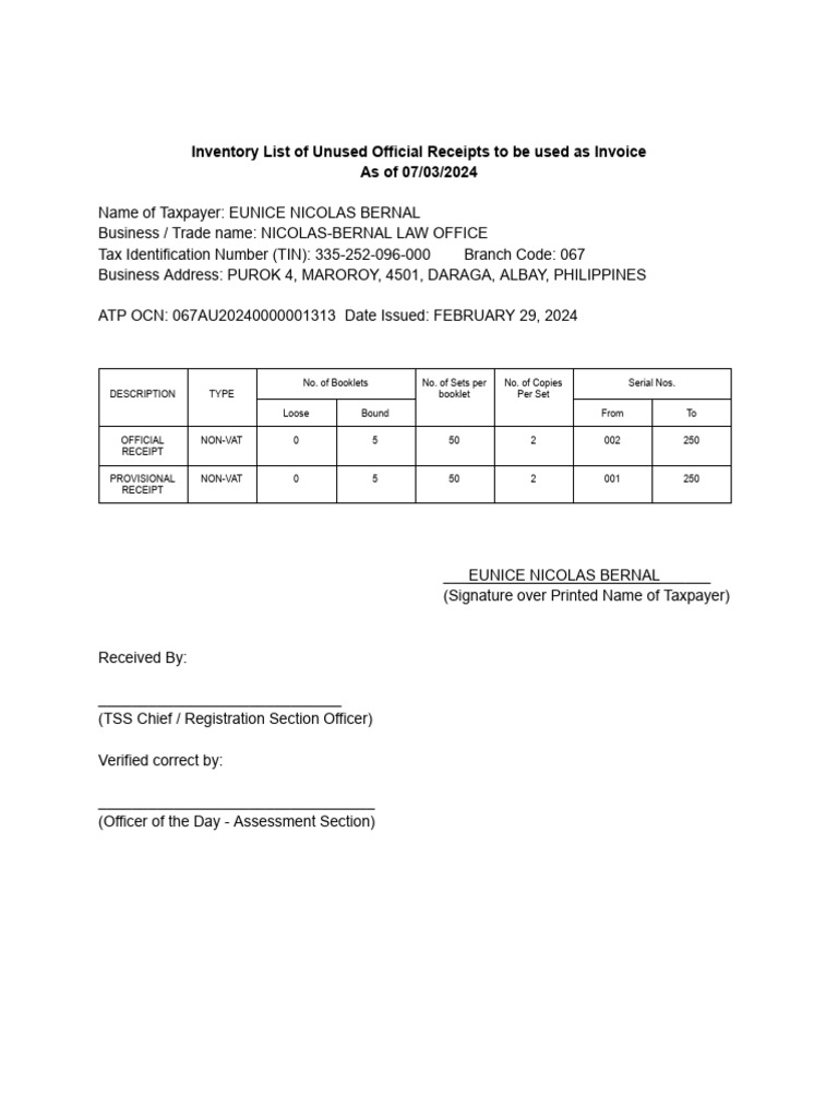 Inventory of unused receipts pdf