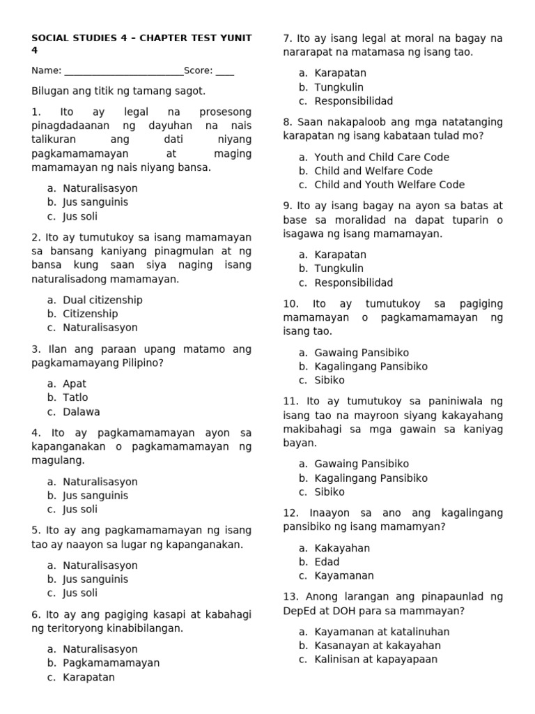 Social Studies 4 - Chapter 4 Test | PDF | Philippines