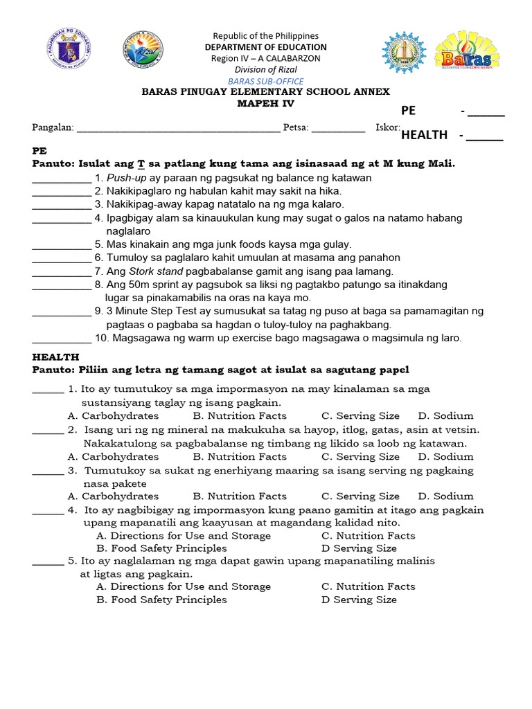MAPEH IV Assessment for Baras School | PDF