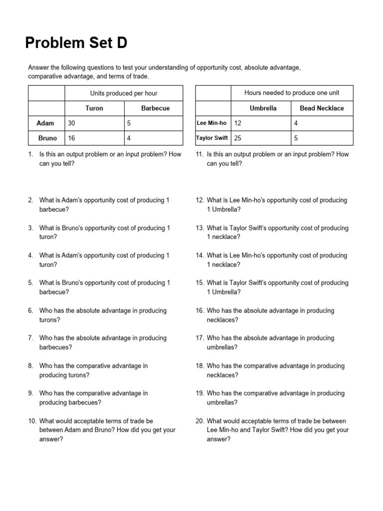 Problem Set D - Comparative Advantage and Trade | PDF