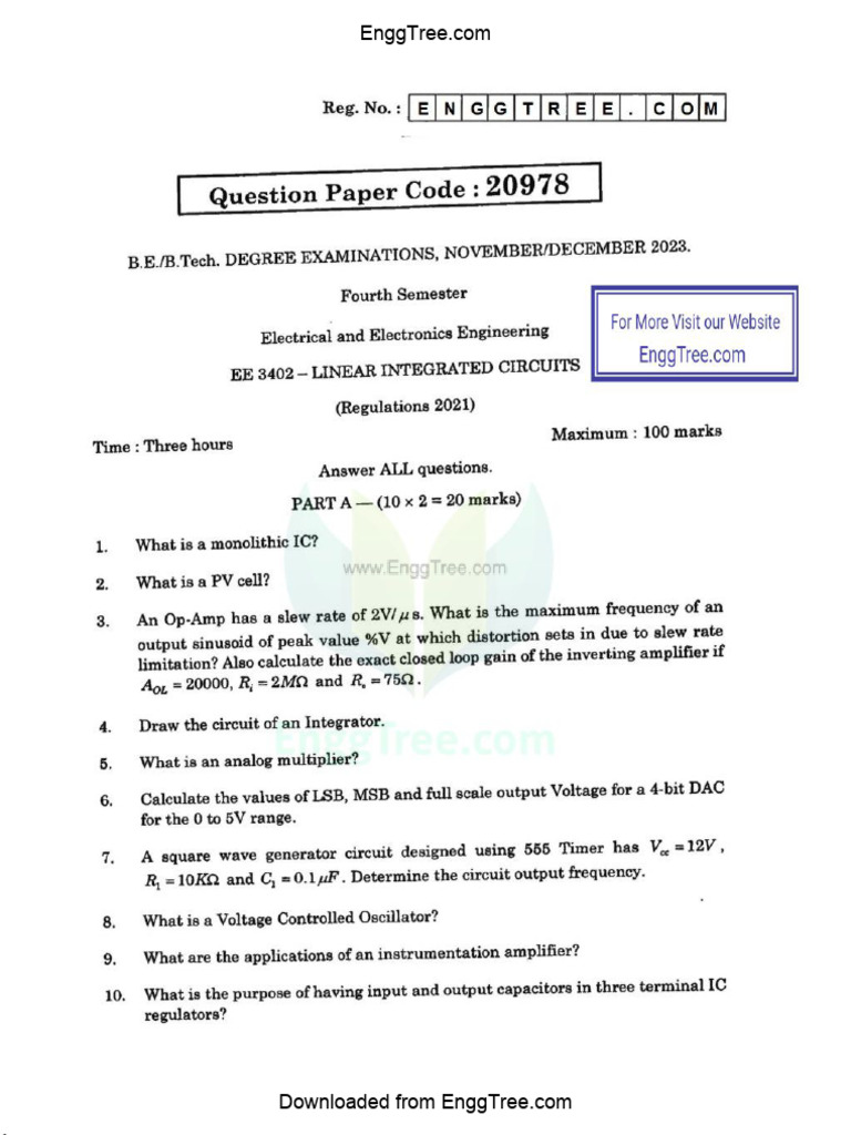 EE3402 Linear Integrated Circuits Nov Dec 2023 Question Paper Download ...