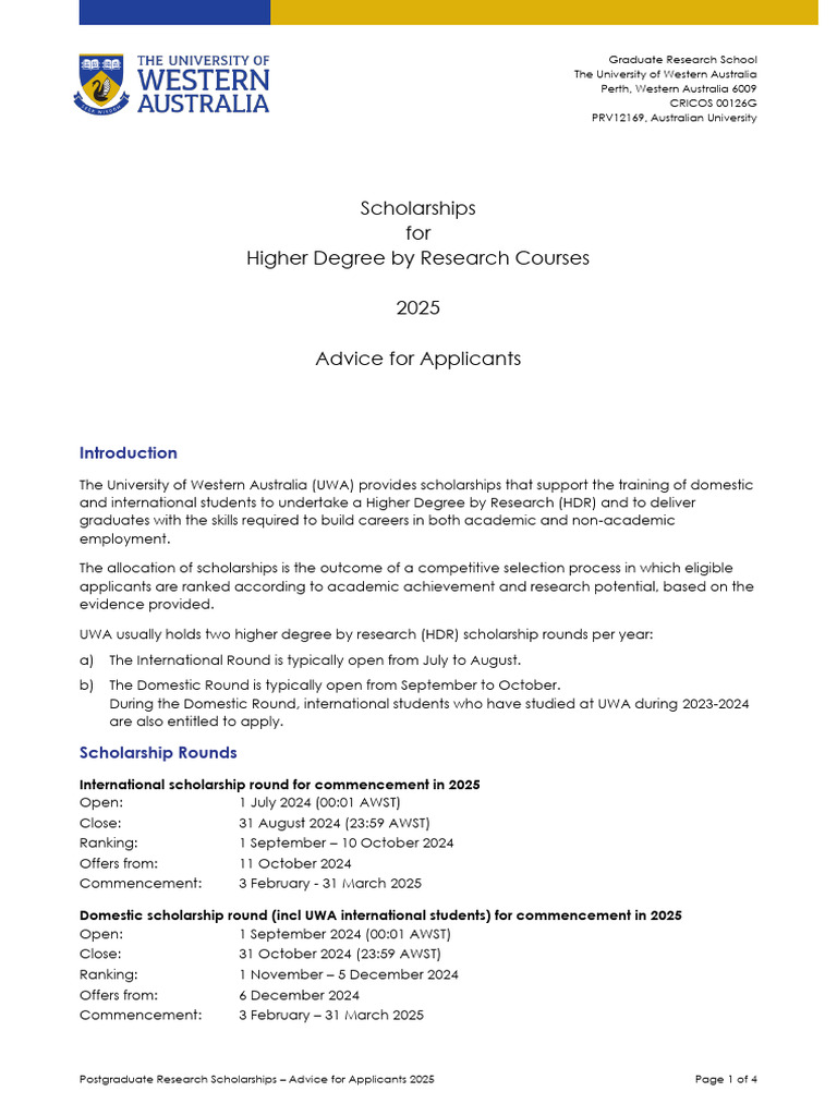 UWA Advice For Scholarship Applicants 2025 Final PDF