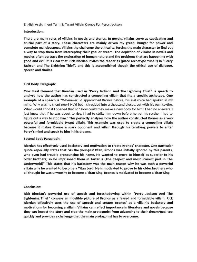 English Assignment Villain 2024 Term 3 Pdf