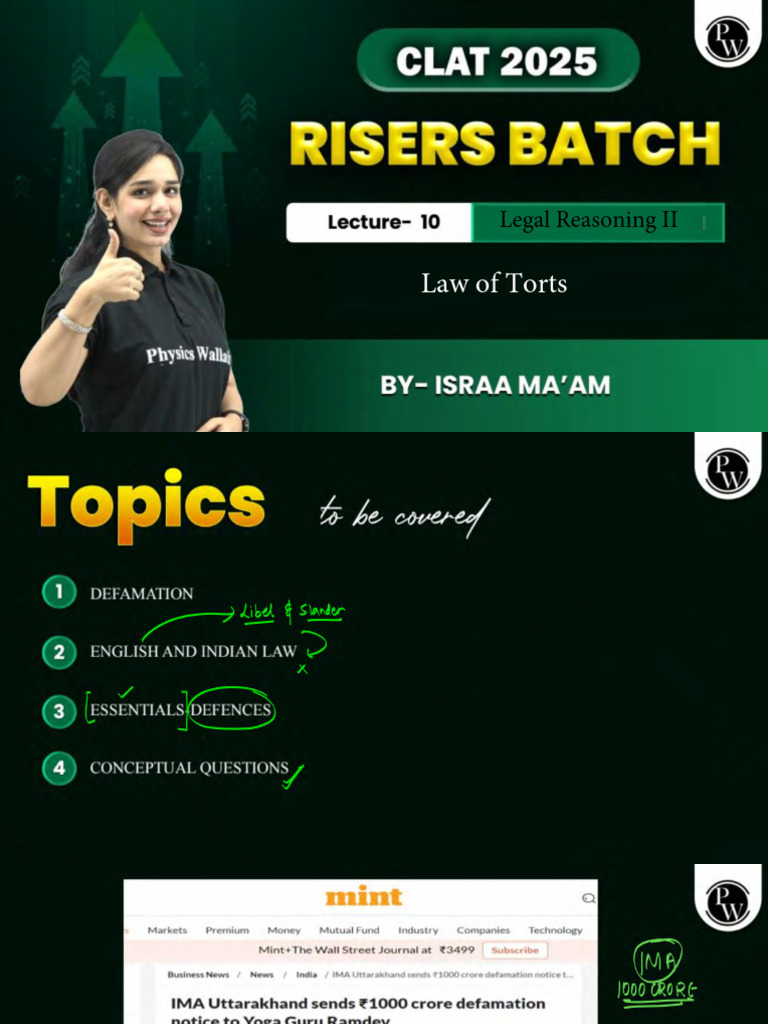Law of torts 10 class notes clat risers 2025 batch pdf