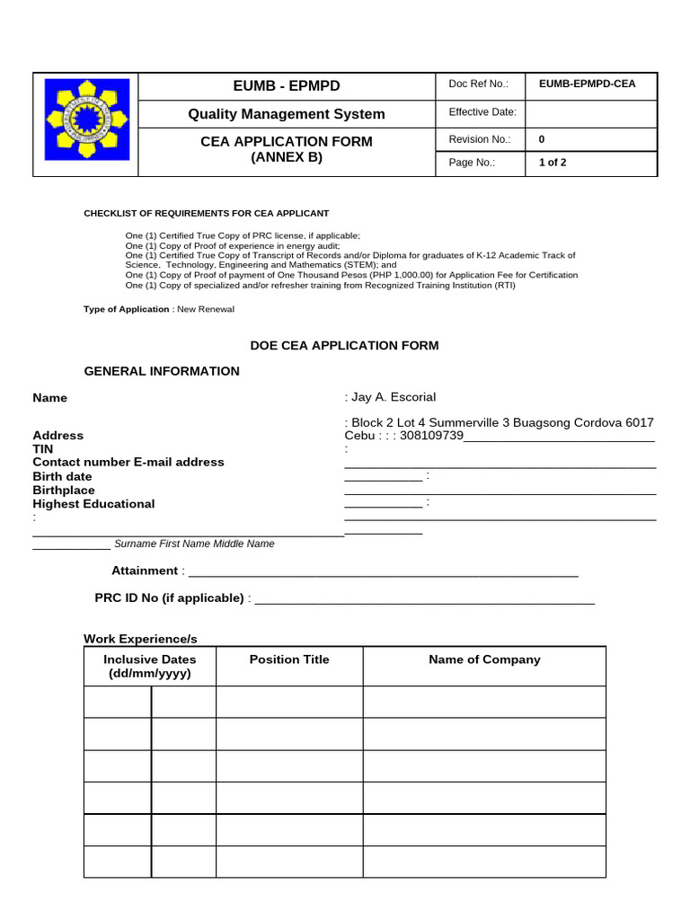 CEA Annex B - Duly Accomplished CEA Application Form | PDF