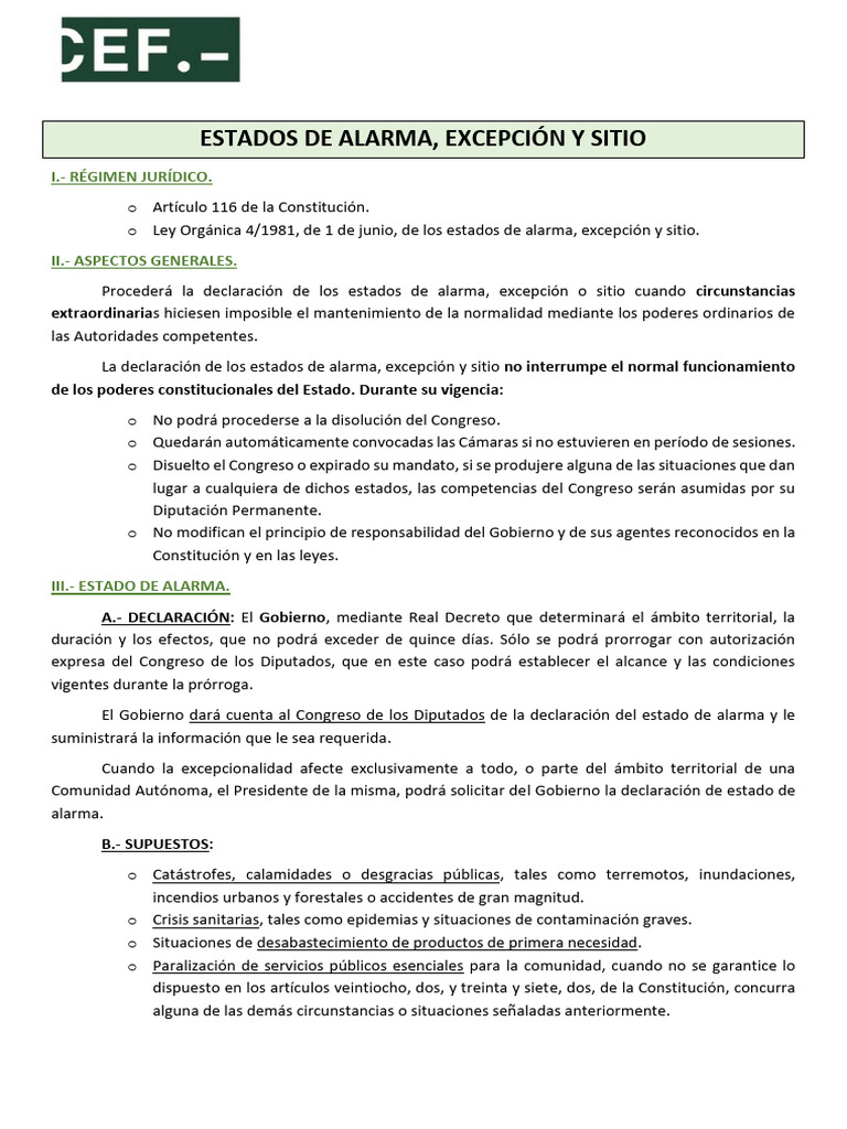 Estados De Alarma Excepci n Y Sitio PDF Gobierno