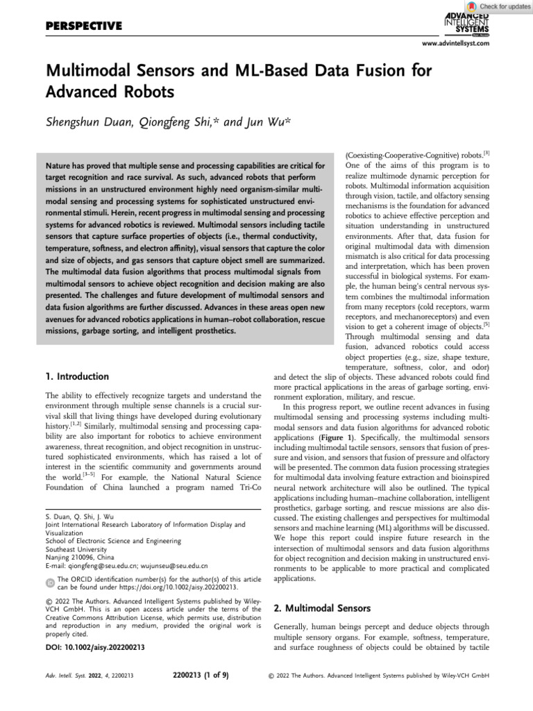 Advanced Intelligent Systems - 2022 - Duan - Multimodal Sensors and ML ...
