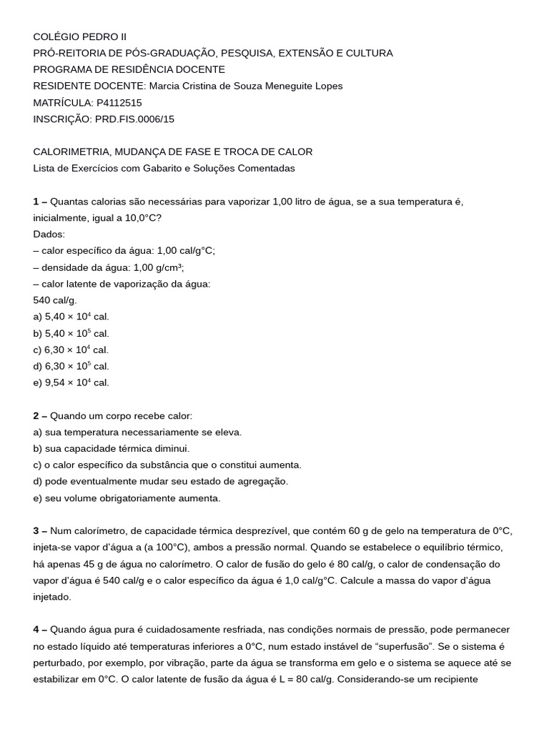 Lista Calorimetria Mudanca Fase Troca de Calor | PDF