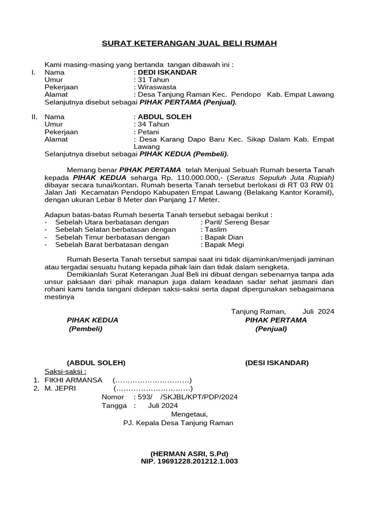 Contoh SURAT JUAL BELI RUMAH IS | PDF