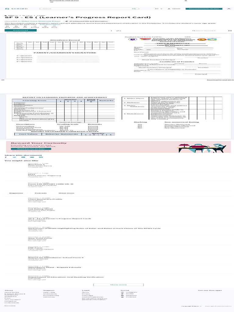 SF 9 - ES ( (Learner's Progress Report Card) - PDF - Behavior ...