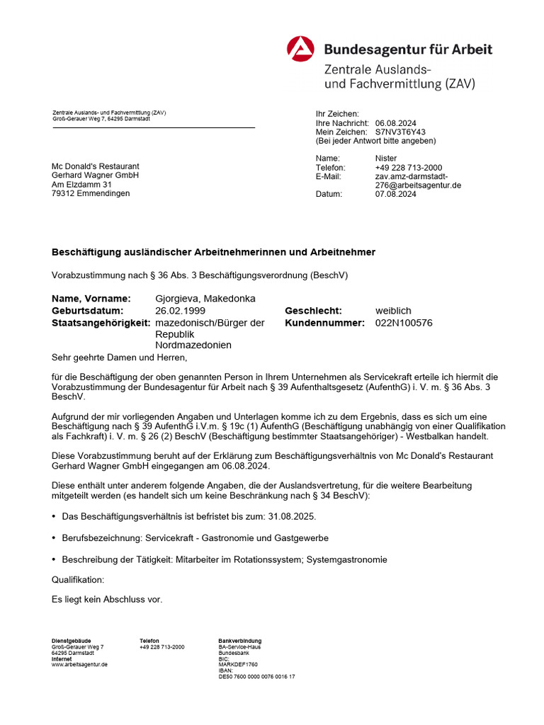 agentur für arbeit vorabzustimmung