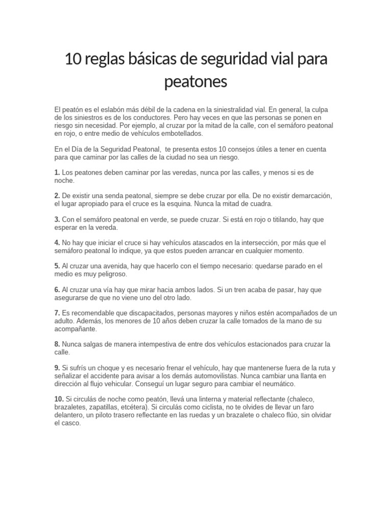 10 Reglas Básicas de Seguridad Vial para Peatones | PDF