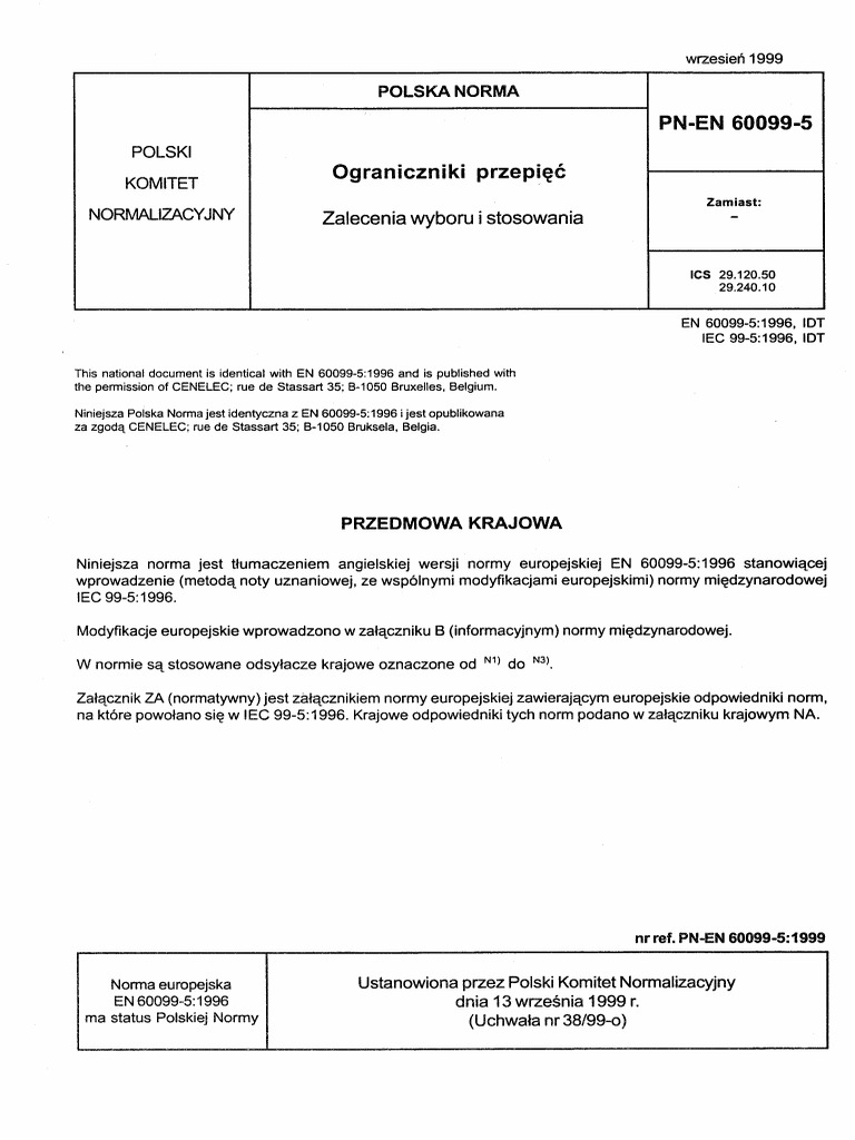 PN - EN - 60099 - 5.1999 - Ograniczniki Przepięć Zasady Doboru | PDF