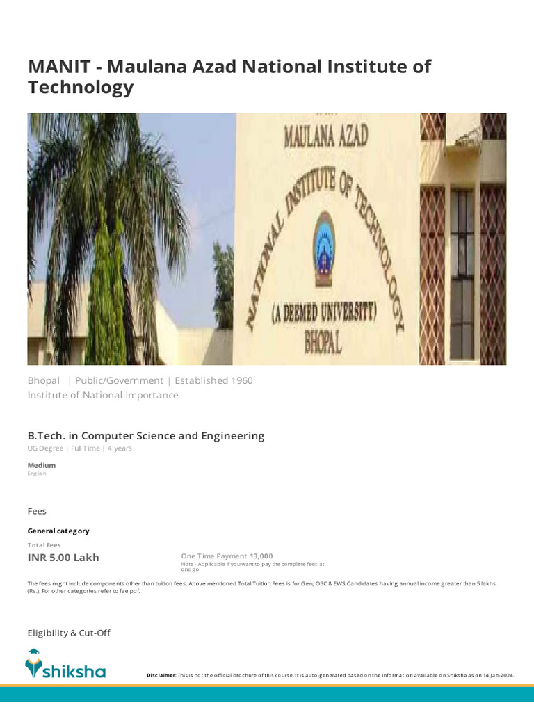 MANIT B.Tech Computer Science Details | PDF | Educational Stages ...