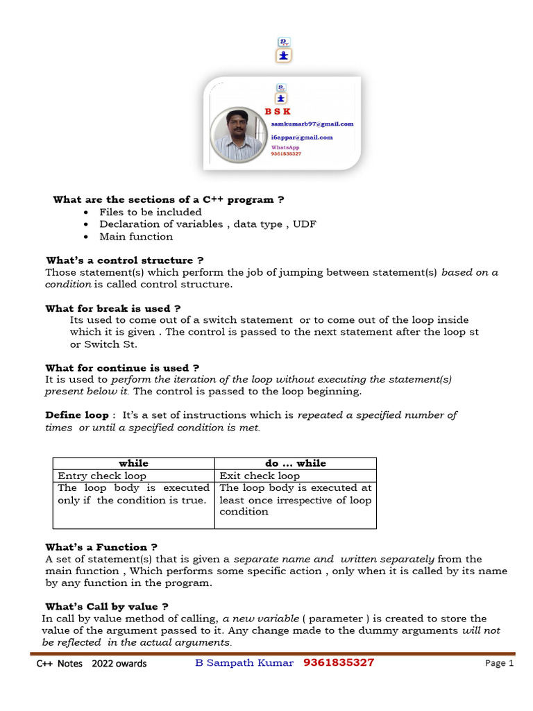 +1 CSC C++ Notes - BSK | PDF